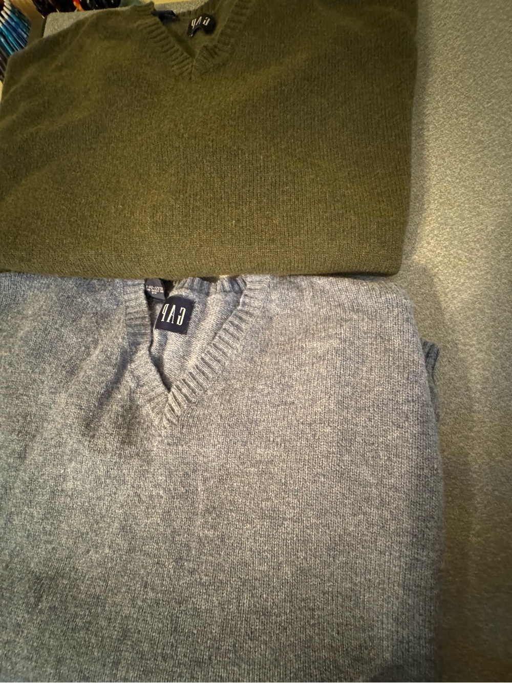 2 GAP Men’s V-Neck Sweater - 1 Olive Green & 1 Light Blue.  Both size XL